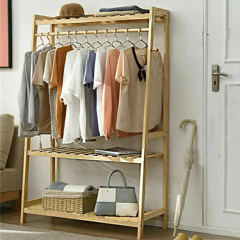 Bamboo Heavy Duty Clothing  Rack with Storage Shelves