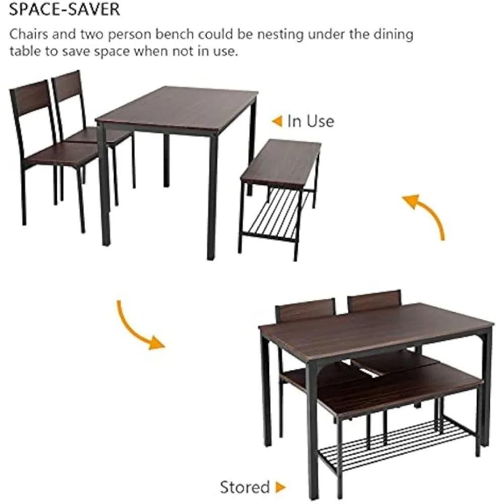 4pc Dining Set with Bench and Storage Rack
