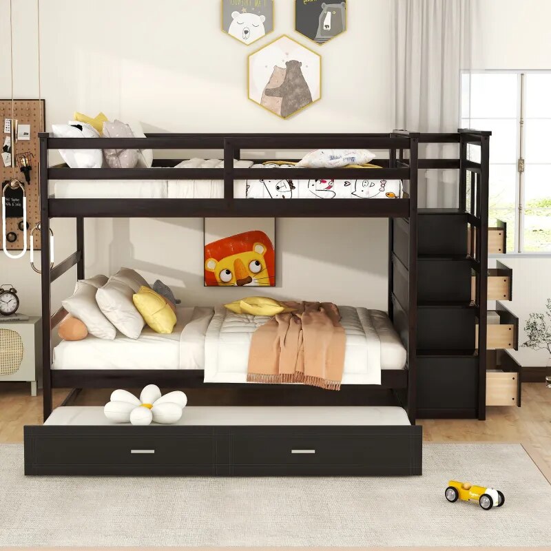 Full Over Full Bunk Beds w Twin Size Trundle and Storage Staircase