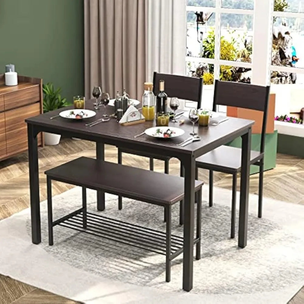 4pc Dining Set with Bench and Storage Rack