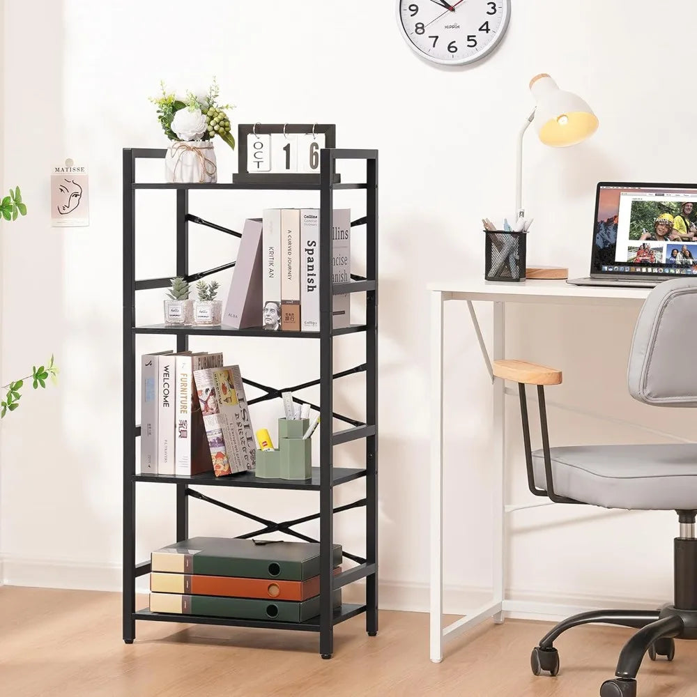 Yoobure 4 Tier Bookshelf - Small Book Shelf Industrial Bookcase, Narrow Book Case Book Storage Organizer for CD/Movie/Book