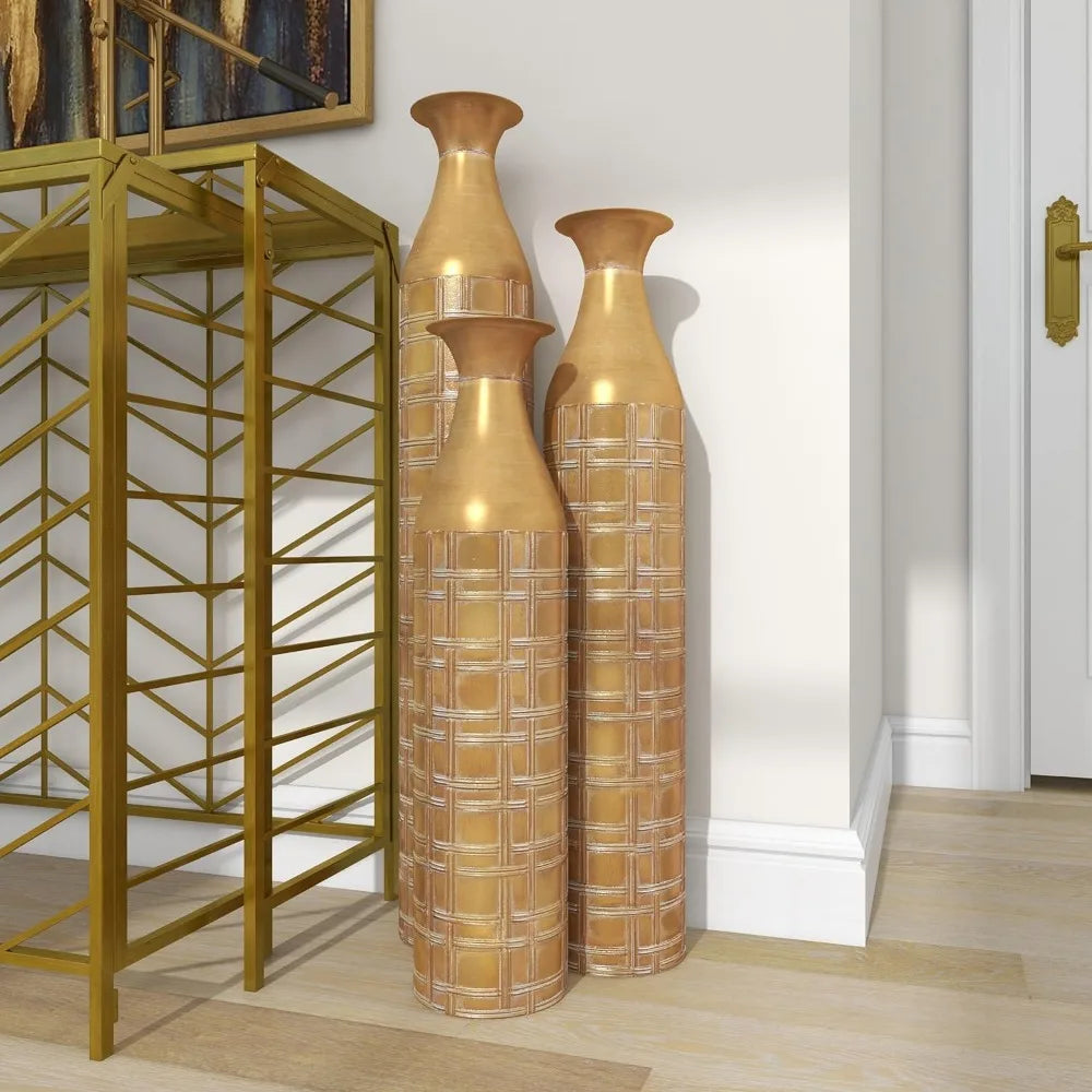 Tall Metallic Etched Grid Patterns Vases Set of 3