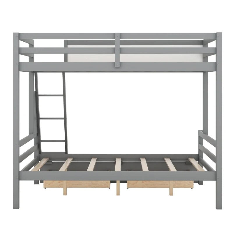 Twin over Full Wood Bunk with Ladder, Hooks and Drawers