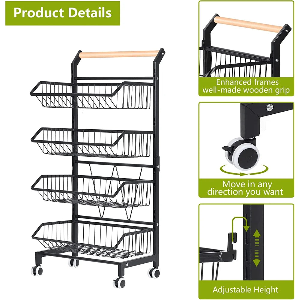 4 Basket Rolling Cart with Handle