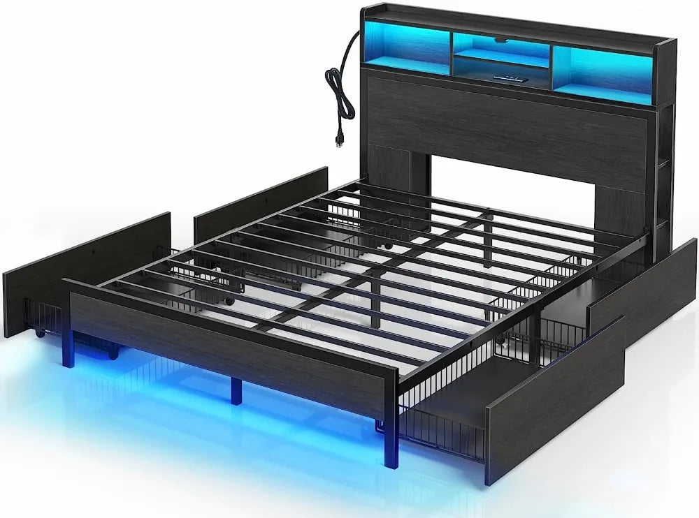 Metal Platform Bed with Charging Station, Drawers and Shelf