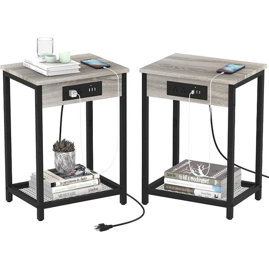 Set of 2 End Tables with Charging Station