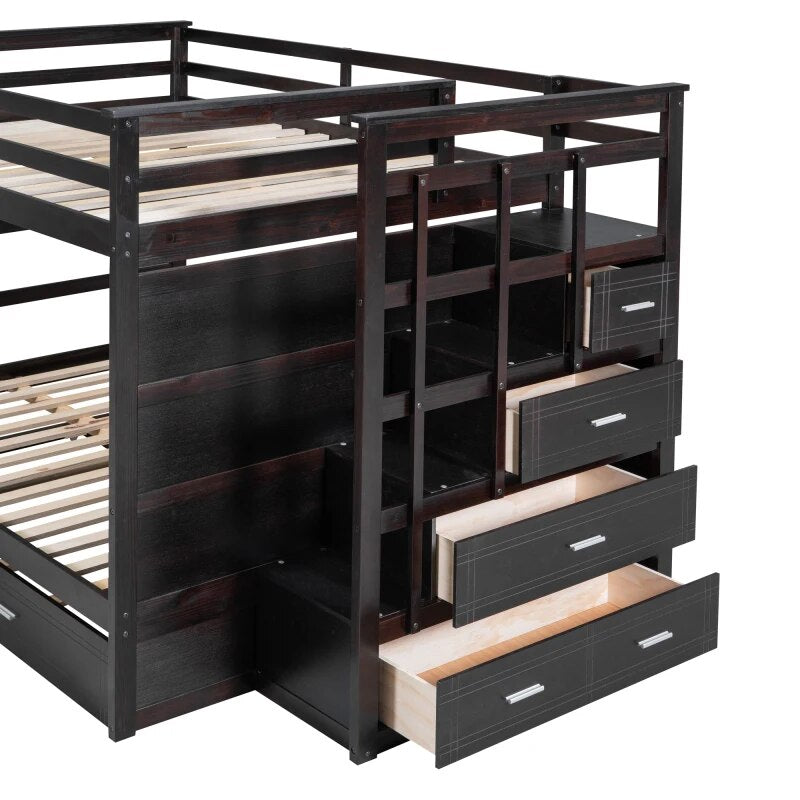 Full Over Full Bunk Beds w Twin Size Trundle and Storage Staircase
