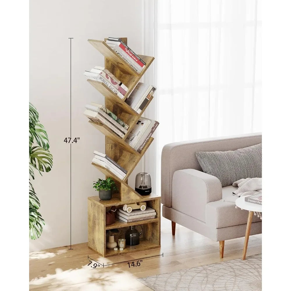 Tree Bookshelf, Small Bookcase with Storage Cabinet, Modern Tall Narrow Bookshelves Organizer, 6 Tier Tree Bookshelf